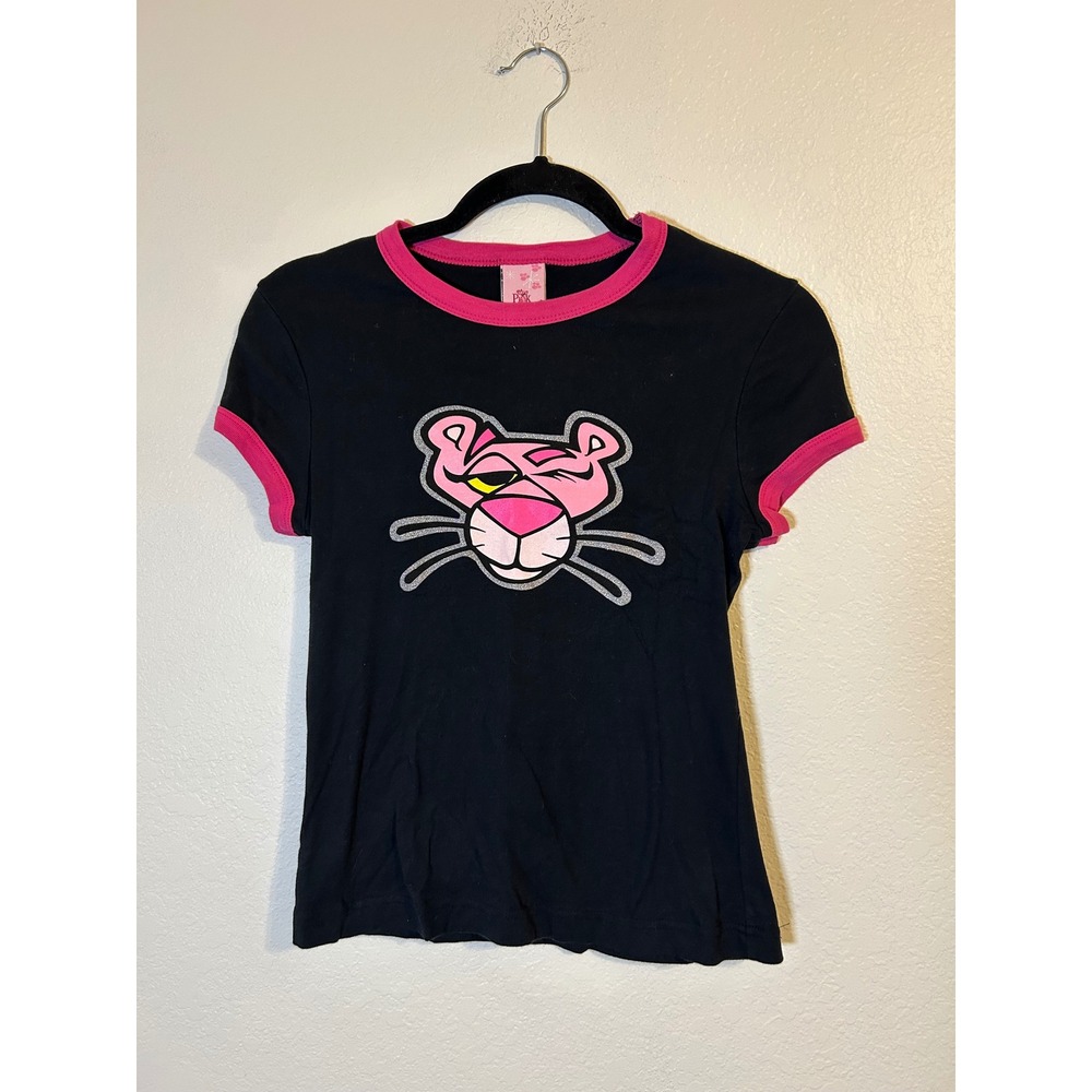 Vintage 2002 Pink Panther Ringer T-Shirt Kids Medium Black Pink Jerry Leigh Y2K